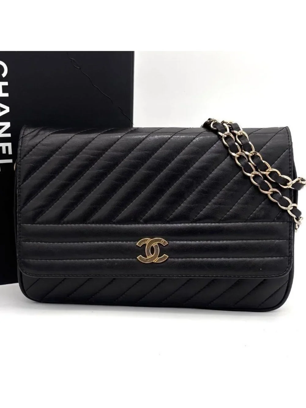 Chanel Mademoiselle Chain Shoulder Bag Black Leather Gold